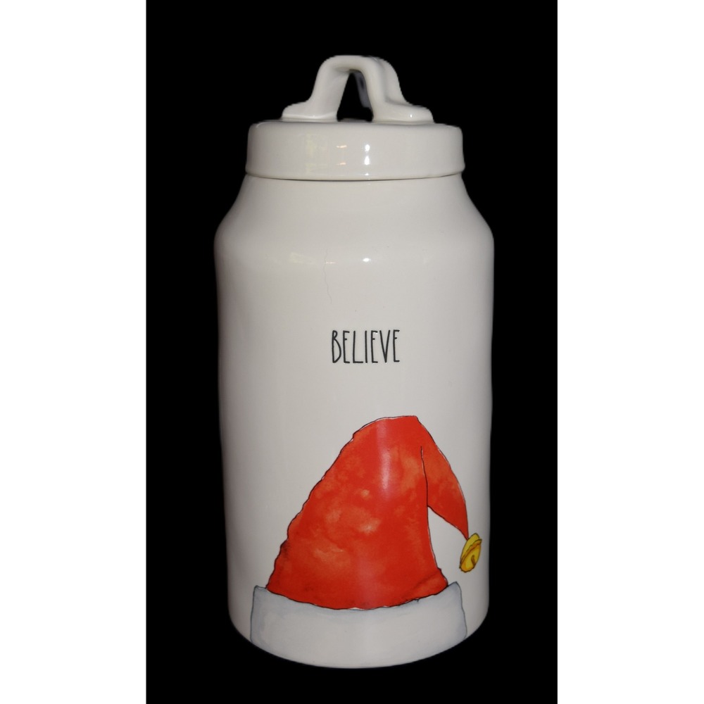 Rae Dunn Believe Santa Hat Ceramic Canister White Christmas Holiday Jar VGC